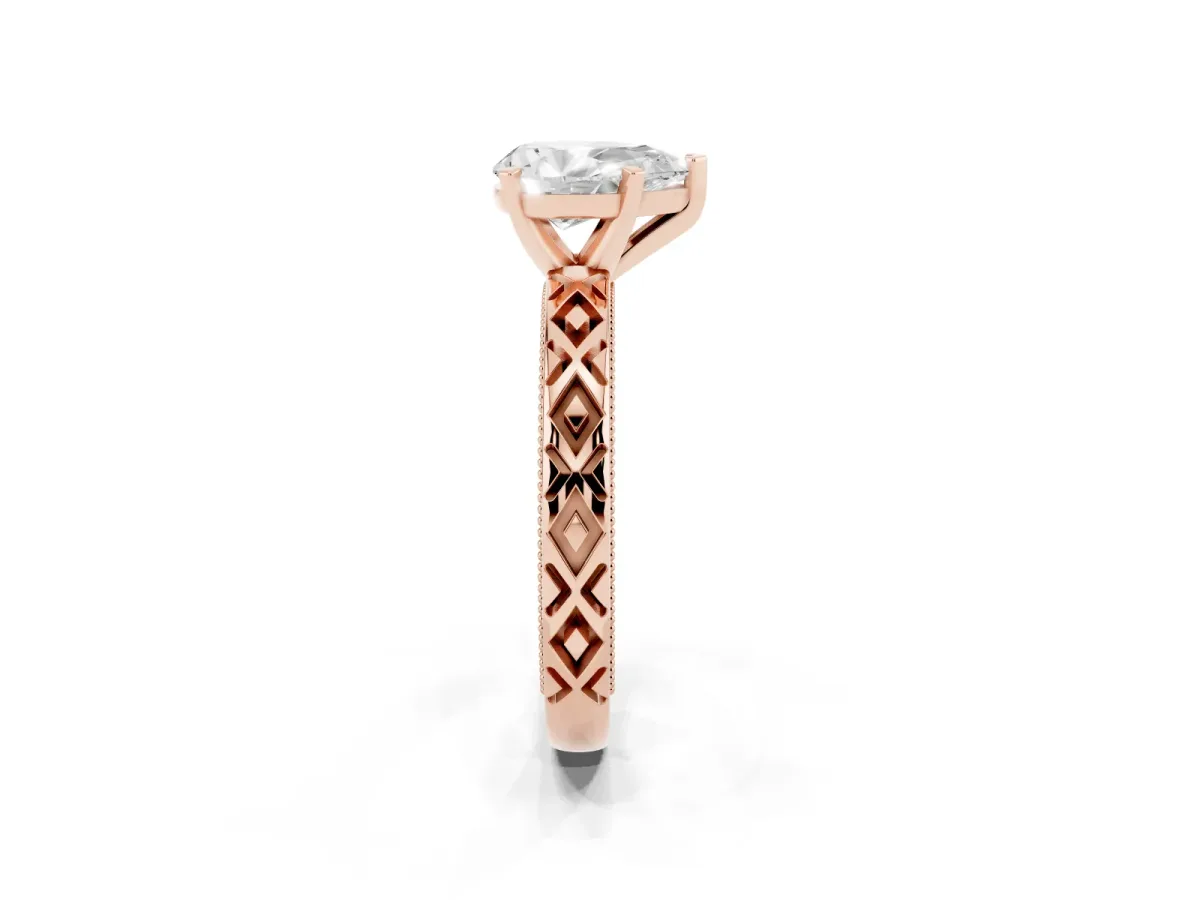 Pear Cut Solitaire Diamond Ring with Milgrain and Black Enamel X Pattern Band Rose gold