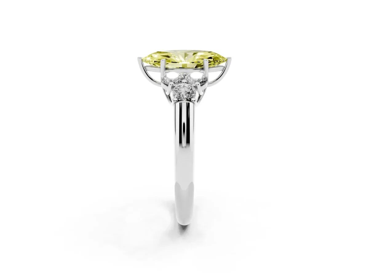 Fancy Yellow Marquise Cut Cut Diamond Cluster Ring with Round Accent Stones and Prong Setting on a Classic Band Silver