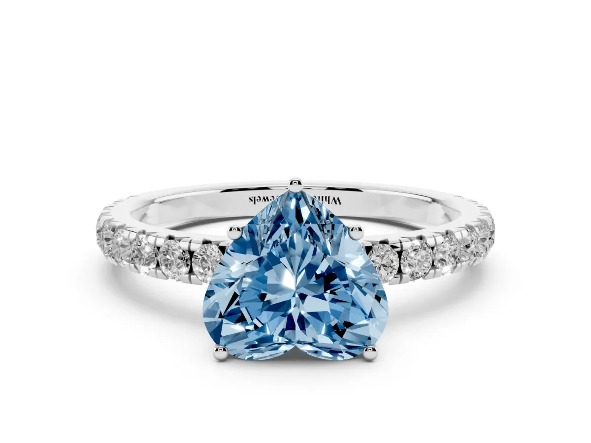 Fancy Blue Heart Cut Diamond Pavé Solitaire Engagement Ring with Four-Prong Setting Silver