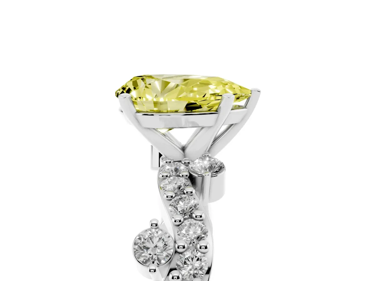 Fancy Yellow Pear Cut Cut Solitaire Diamond Twisted Band with Pave Setting White gold