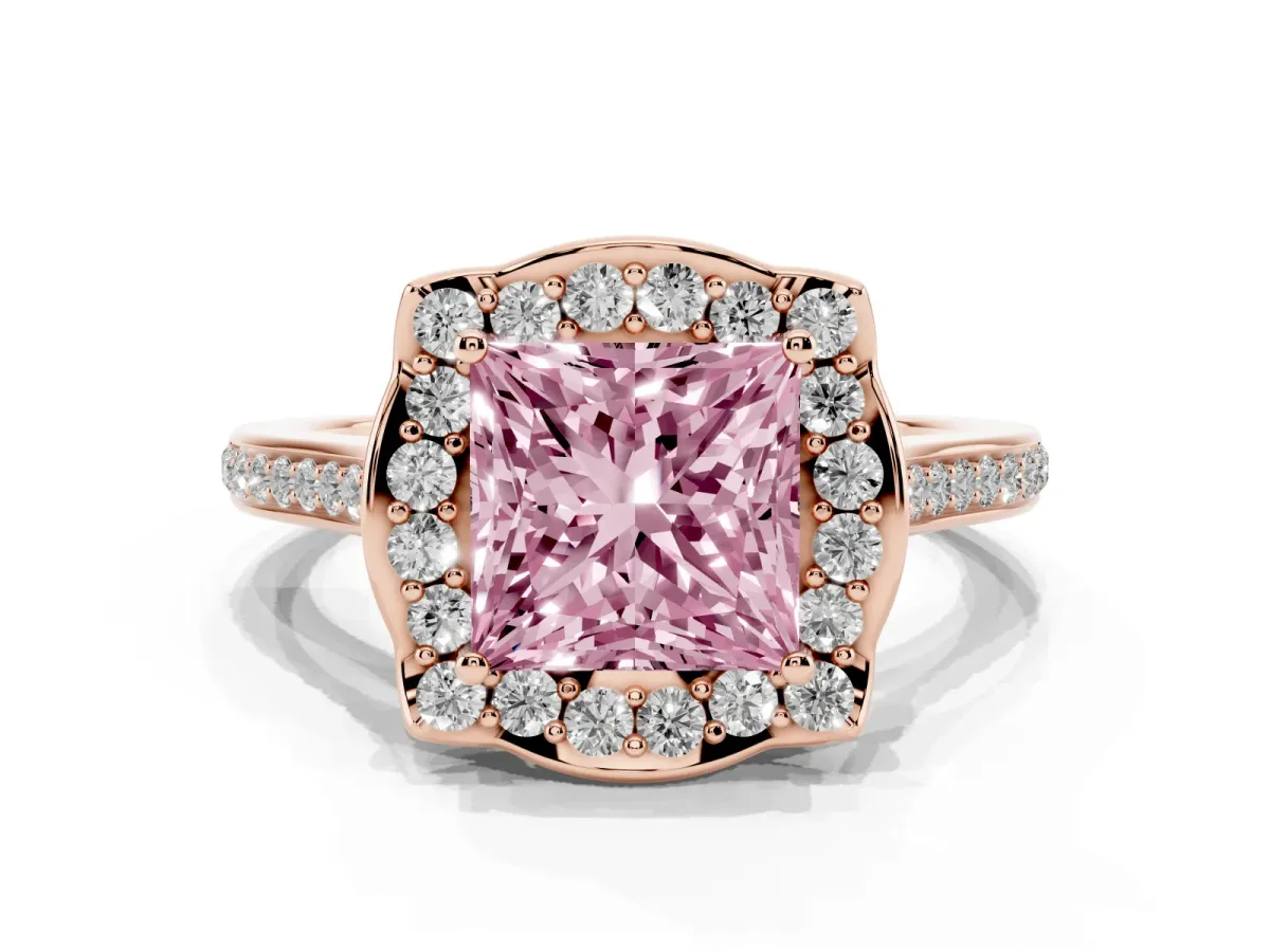Fancy Pink Princess Cut Halo Round Diamond Pave Band with Four-Prong Setting Rose gold