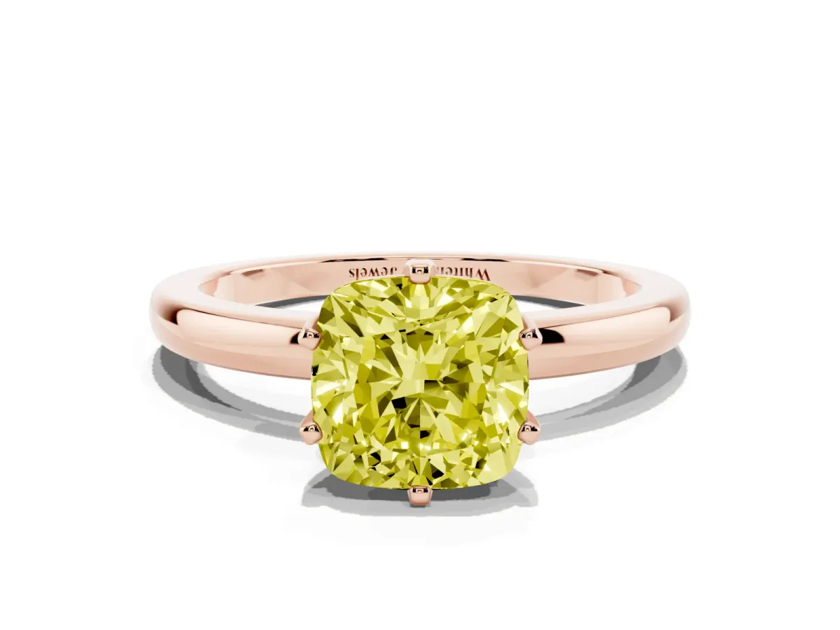 Fancy Yellow Cushion Cut Solitaire Diamond Ring with Six-Prong Setting on a Classic Band Rose gold