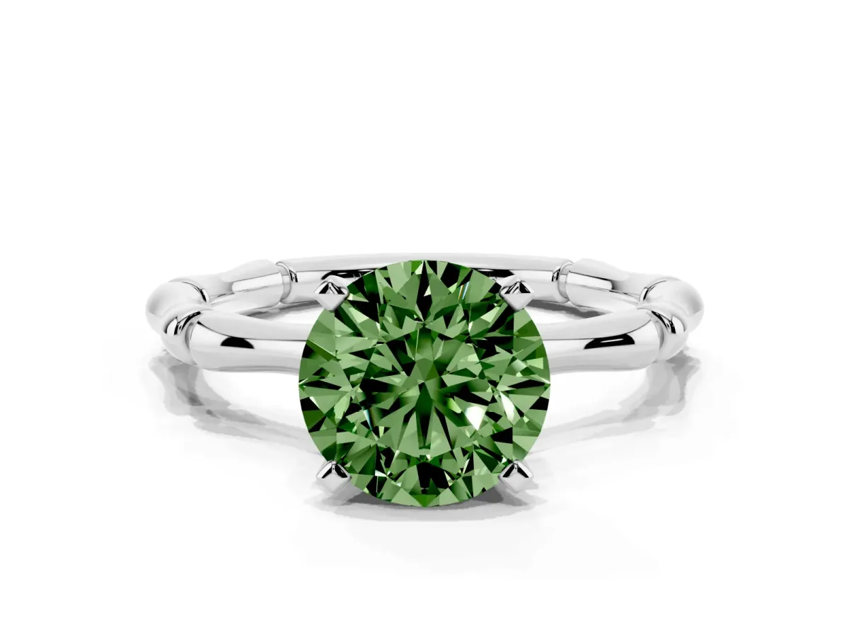 Fancy Green Round Cut Solitaire Diamond Ring with Bamboo Band and Four-Prong Setting Silver
