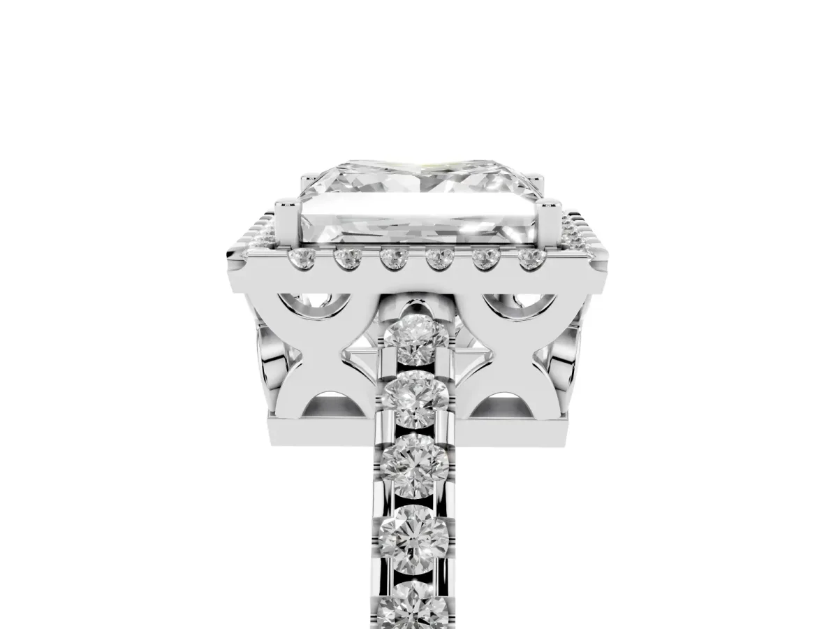 Princess Cut Diamond Halo Engagement Ring with Pavé Band and Prong Setting Platinum