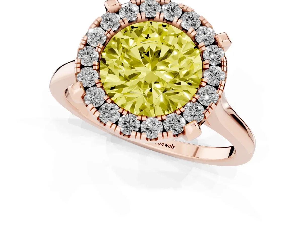 Fancy Yellow Round Cut Diamond Cluster Halo Solitaire with Four-Prong Setting Rose gold