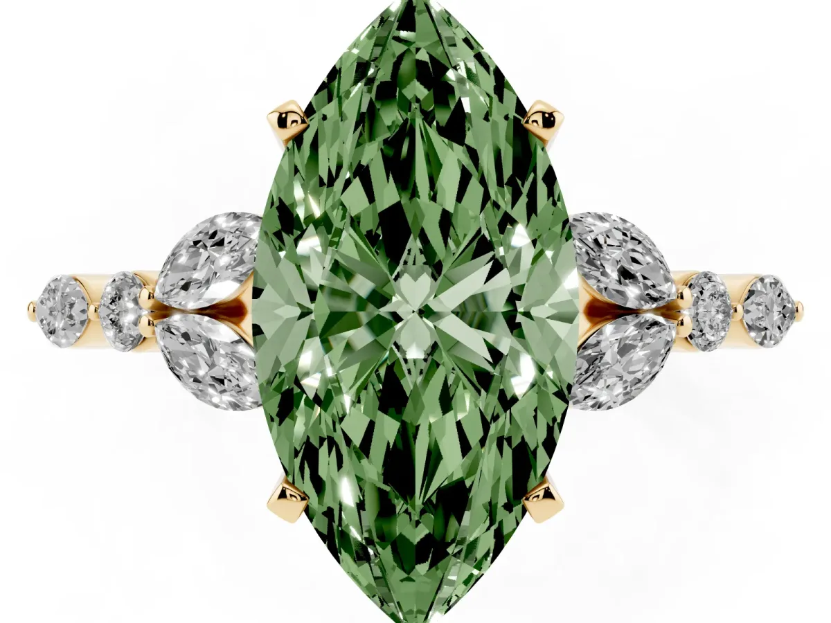 Fancy Green Marquise Cut Diamond Solitaire Ring with Side Stones and Four-Prong Setting Yellow gold