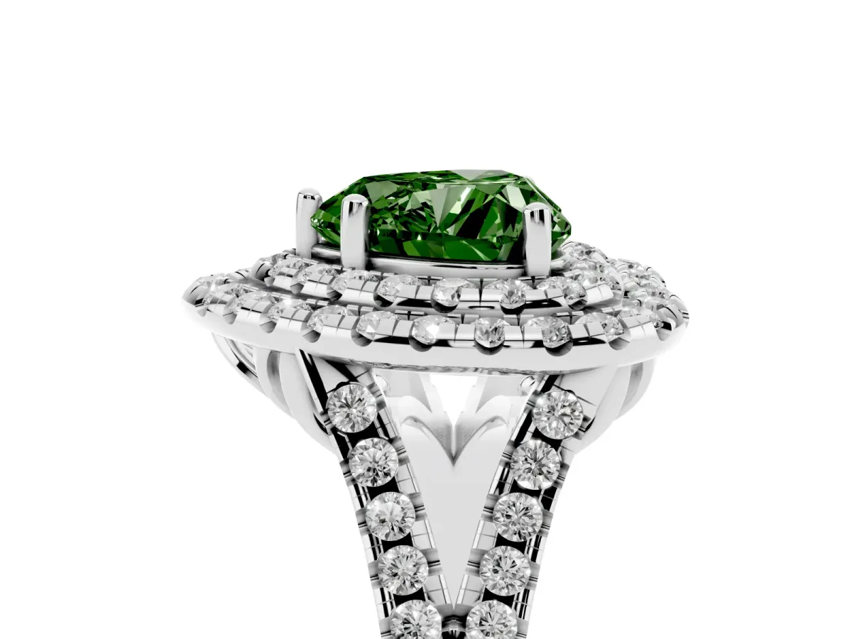 Fancy Green Double Halo Heart Cut Diamond Pavé Split Shank Ring with Prong Setting Platinum