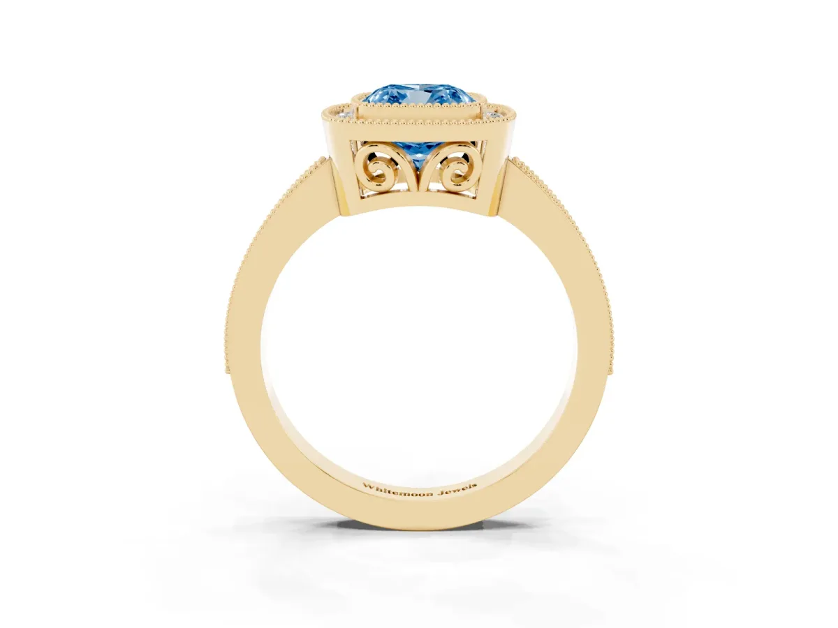 Fancy Blue Cushion Cut Cut Halo Diamond Ring with Pavé Band and Milgrain Prong Setting Yellow gold