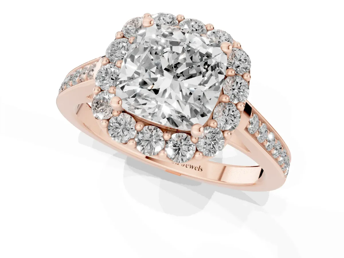 Cushion Cut Diamond Floral Halo Ring with Pavé Band and Prong Setting Rose gold