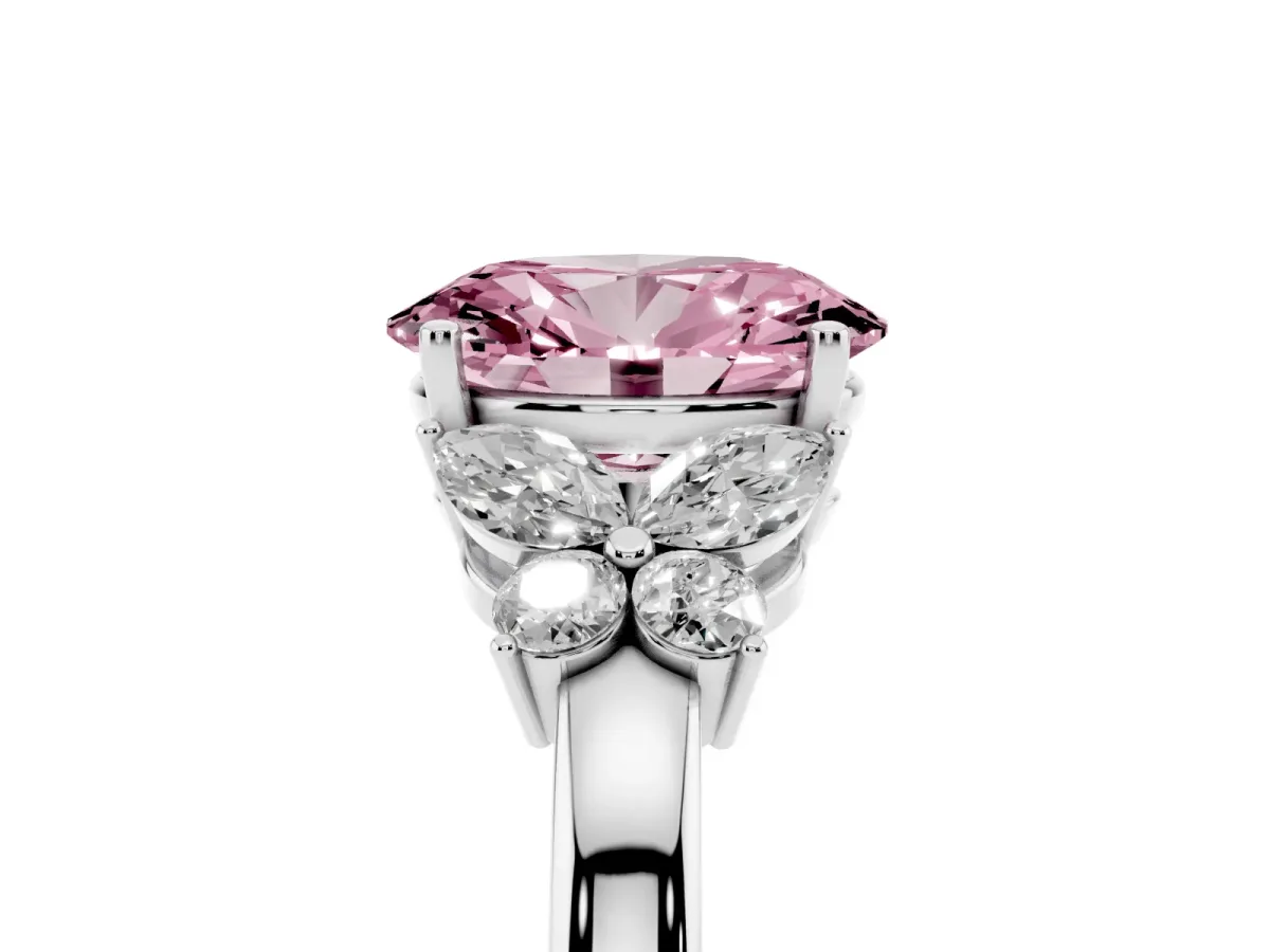 Fancy Pink Oval Cut Cut Solitaire Floral Diamond Ring with Four-Prong Setting Silver
