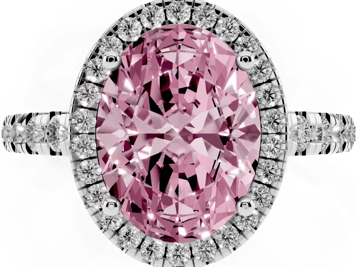 Fancy Pink Oval Cut Diamond Halo Ring with Pavé Band and Four-Prong Setting Platinum