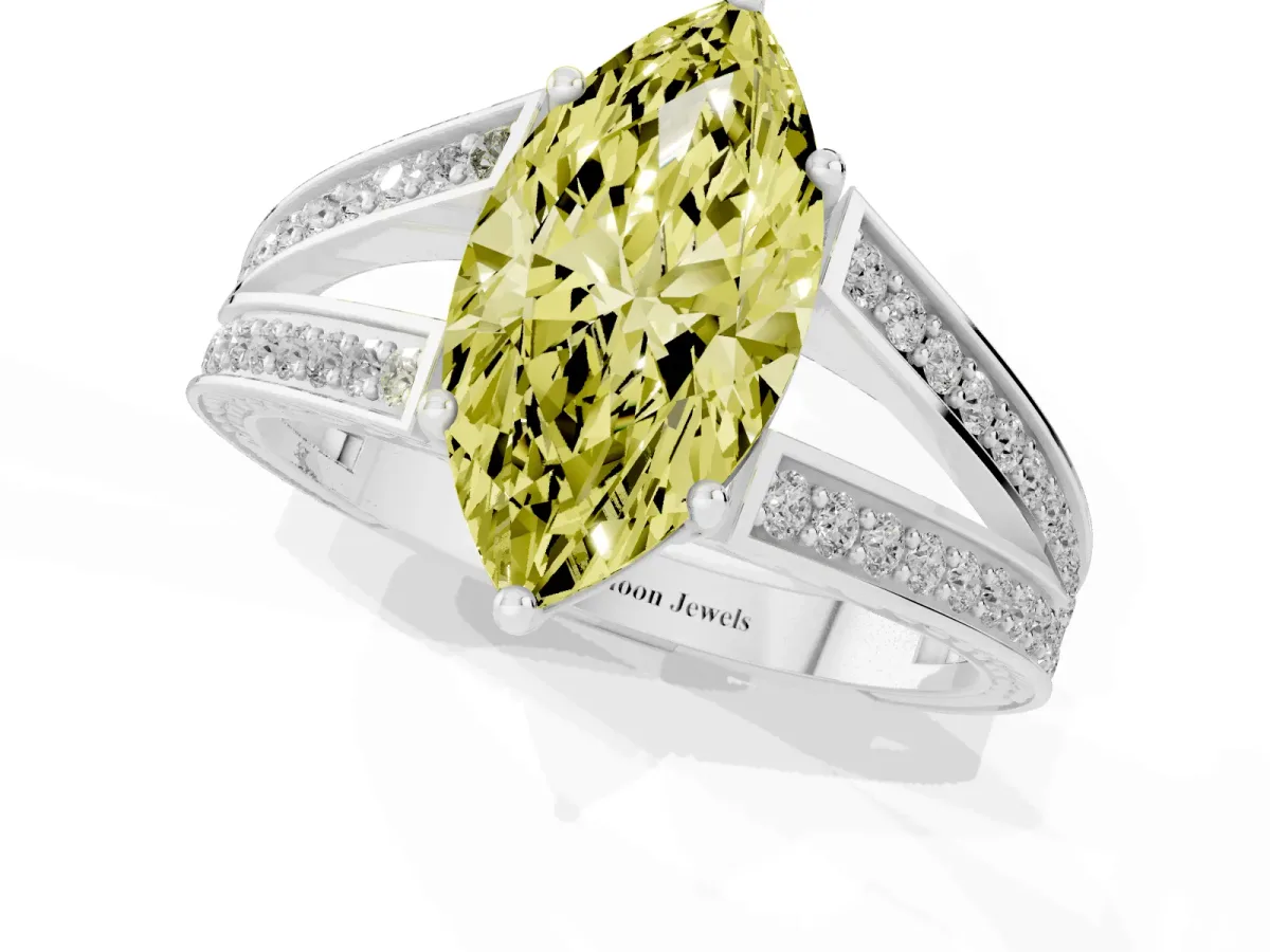 Fancy Yellow Marquise Cut Diamond Split Shank Ring with Pavé Band and Four-Prong Setting Platinum