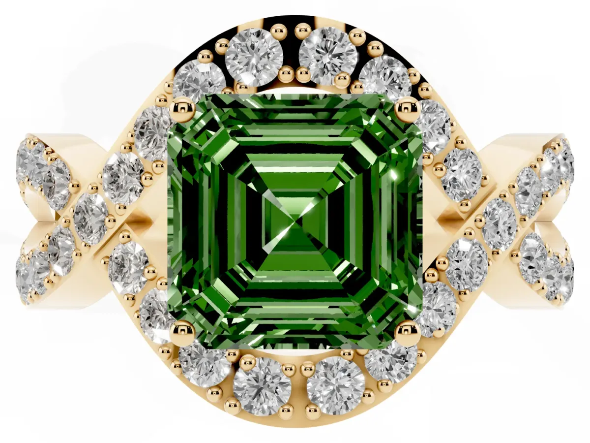 Fancy Green Asscher Cut Solitaire Twist Band Pavé Diamond Engagement Ring Yellow gold