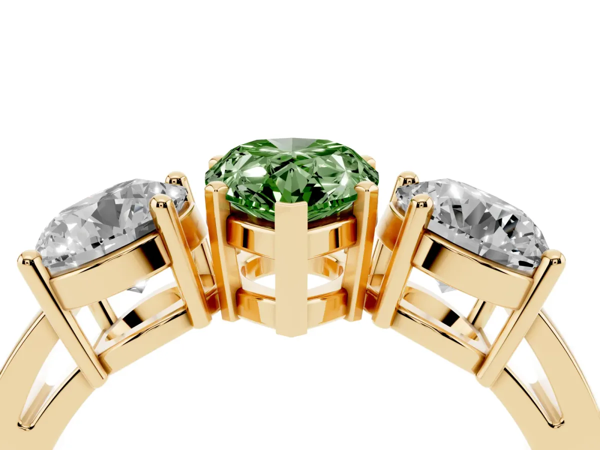 Fancy Green Three-Stone Pear Cut Diamond Ring with Round Side Stones, Classic Band, and Four-Prong Setting Yellow gold