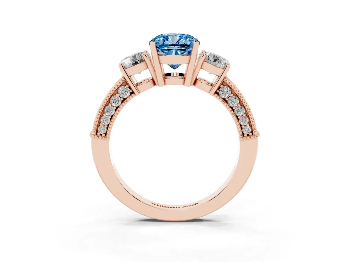 Fancy Blue Cushion Cut Three-Stone Diamond Ring with Pavé Band and Four-Prong Setting Rose gold