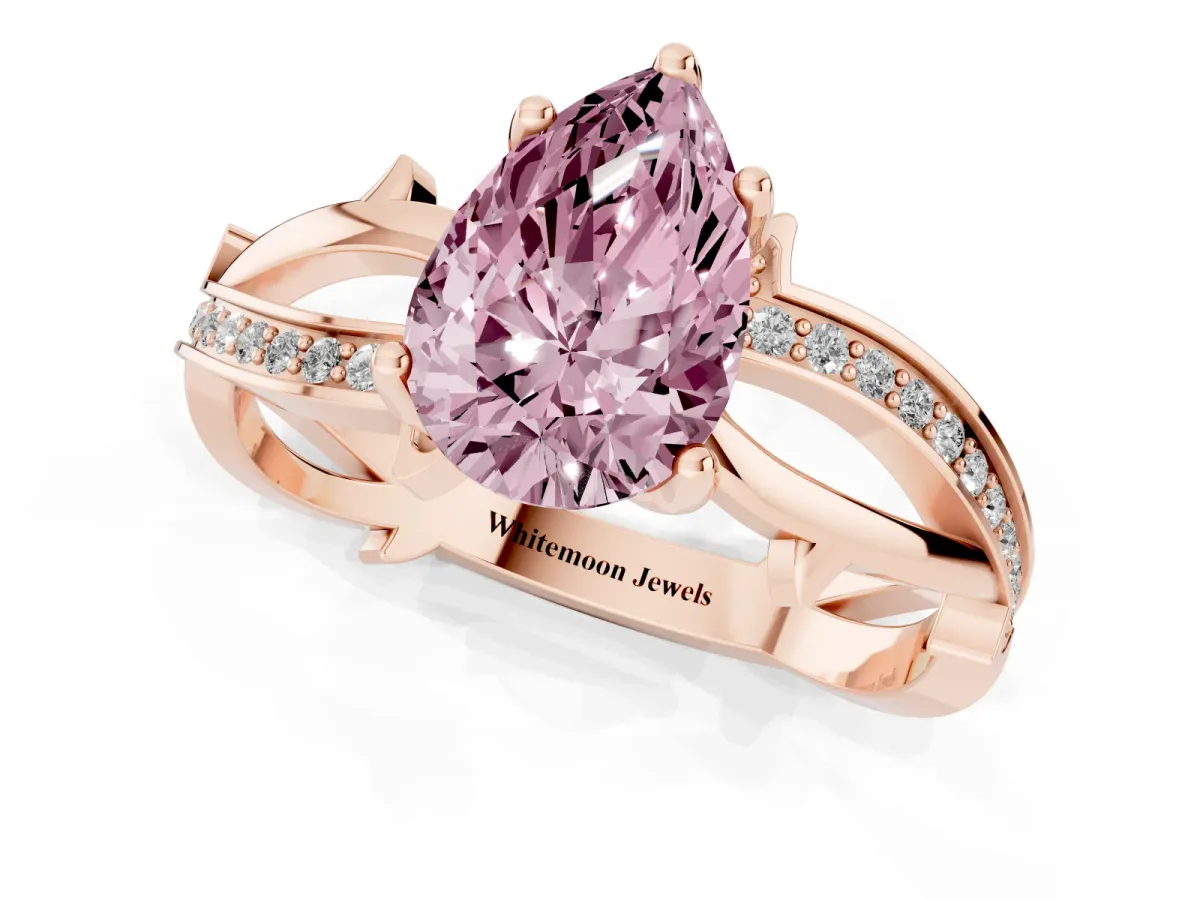 Fancy Pink Pear Cut Solitaire Twist Band with Pavé Accents and Four-Prong Setting Rose gold