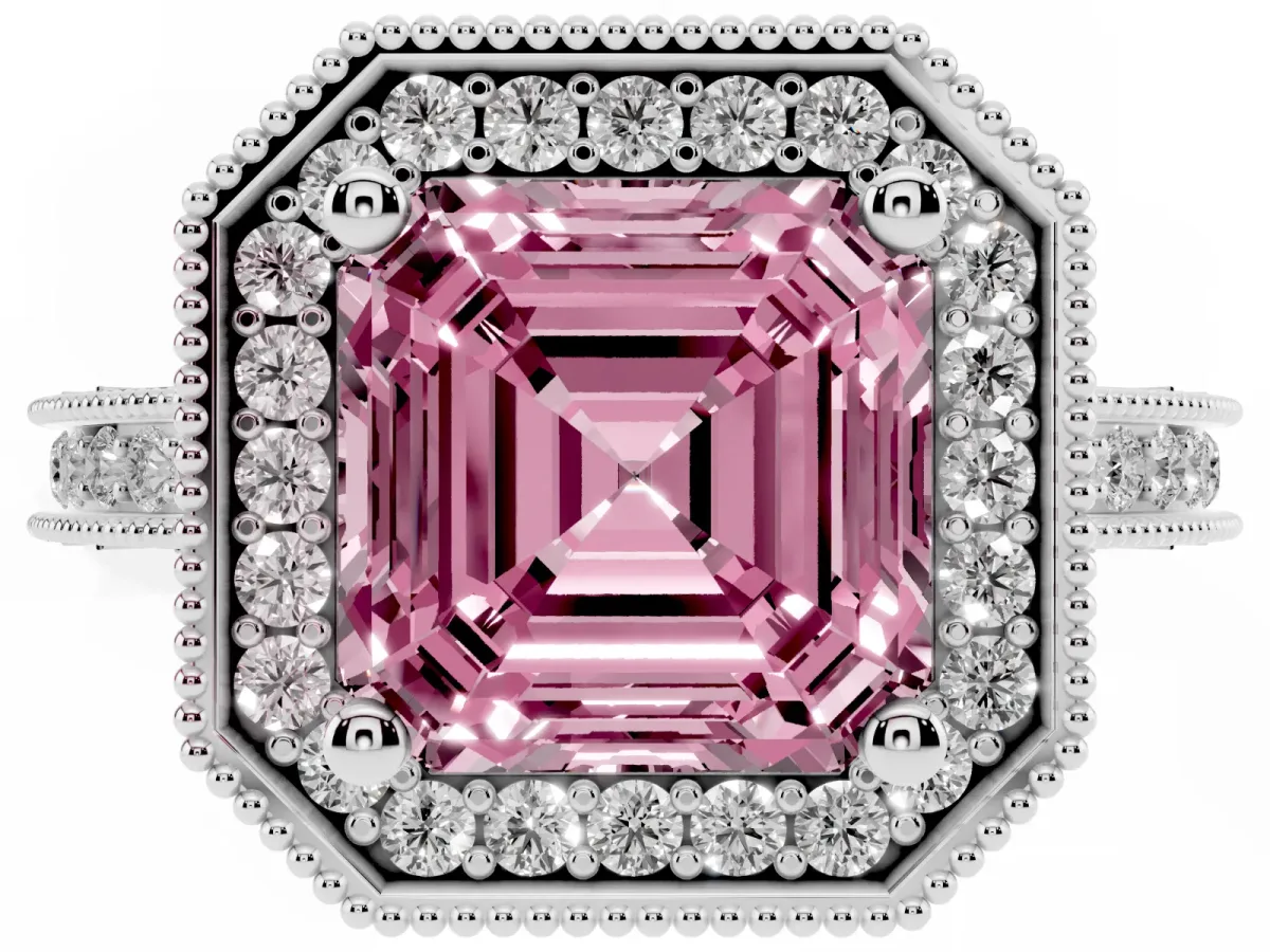 Fancy Pink Asscher Cut Diamond Milgrain Halo Engagement Ring with Round Pavé Band and Prong Setting Platinum