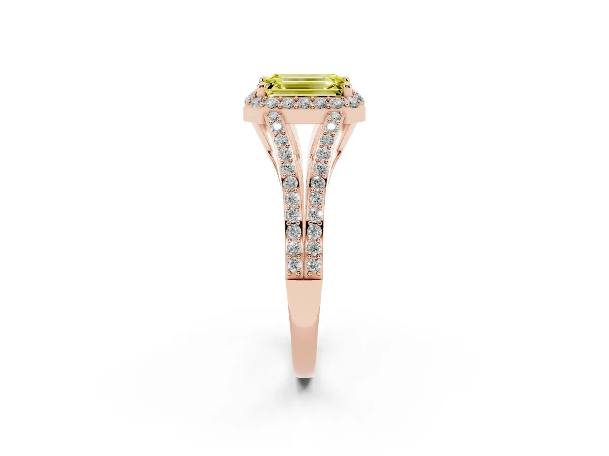 Fancy Yellow Emerald Cut Halo Split Shank Diamond Ring with Prong Setting Rose gold