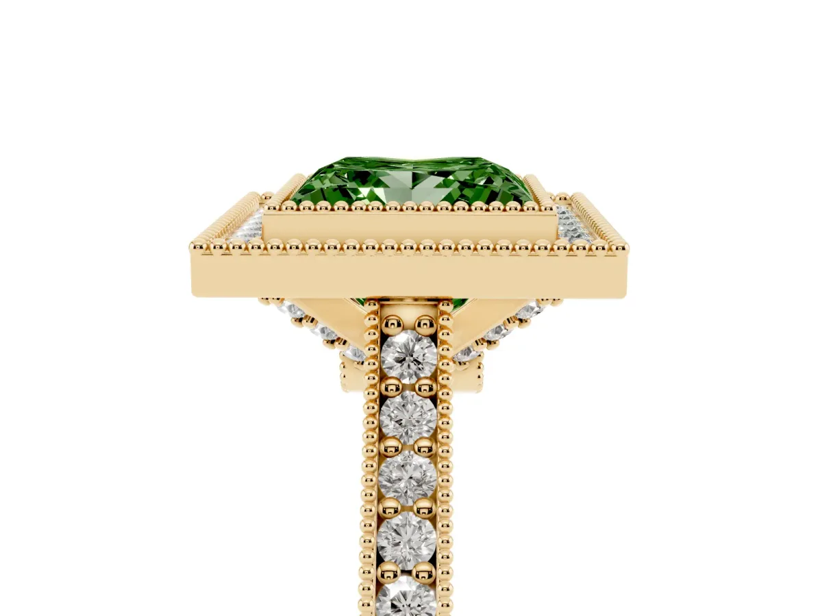 Fancy Green Halo Princess Cut-Cut Diamond Pave Band Milgrain Prong Setting Ring Yellow gold