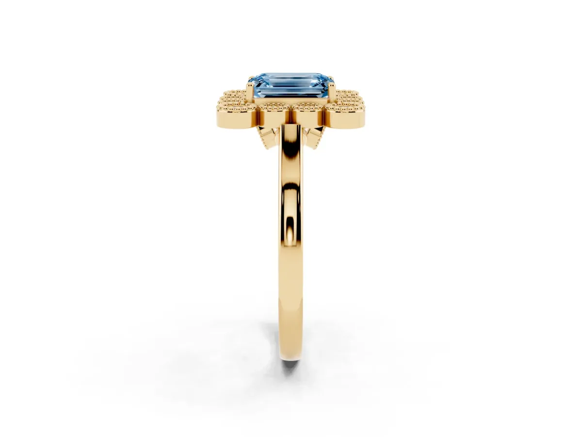 Fancy Blue Emerald Cut Halo Diamond Cluster Engagement Ring with Milgrain Bezel Setting and Solitaire Band Yellow gold