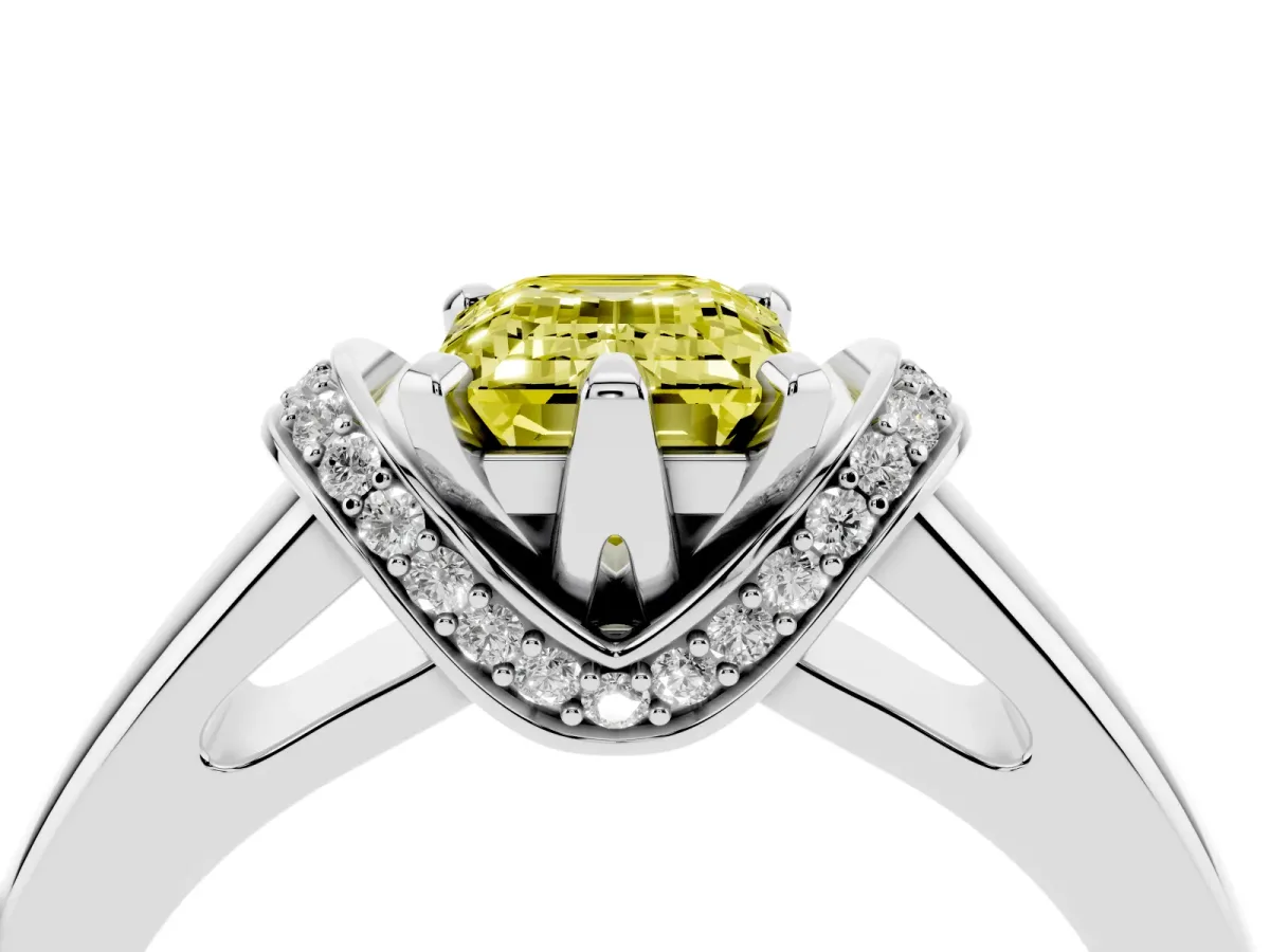 Fancy Yellow Emerald Cut Solitaire Diamond Ring with Pave Band and Six-Prong Setting Platinum