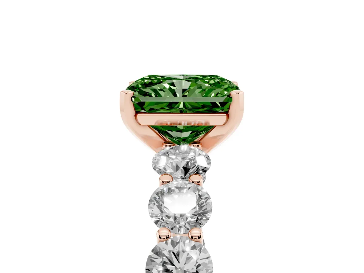 Fancy Green Radiant Cut Diamond Prong Setting with Side Stones on a Pave Band Rose gold