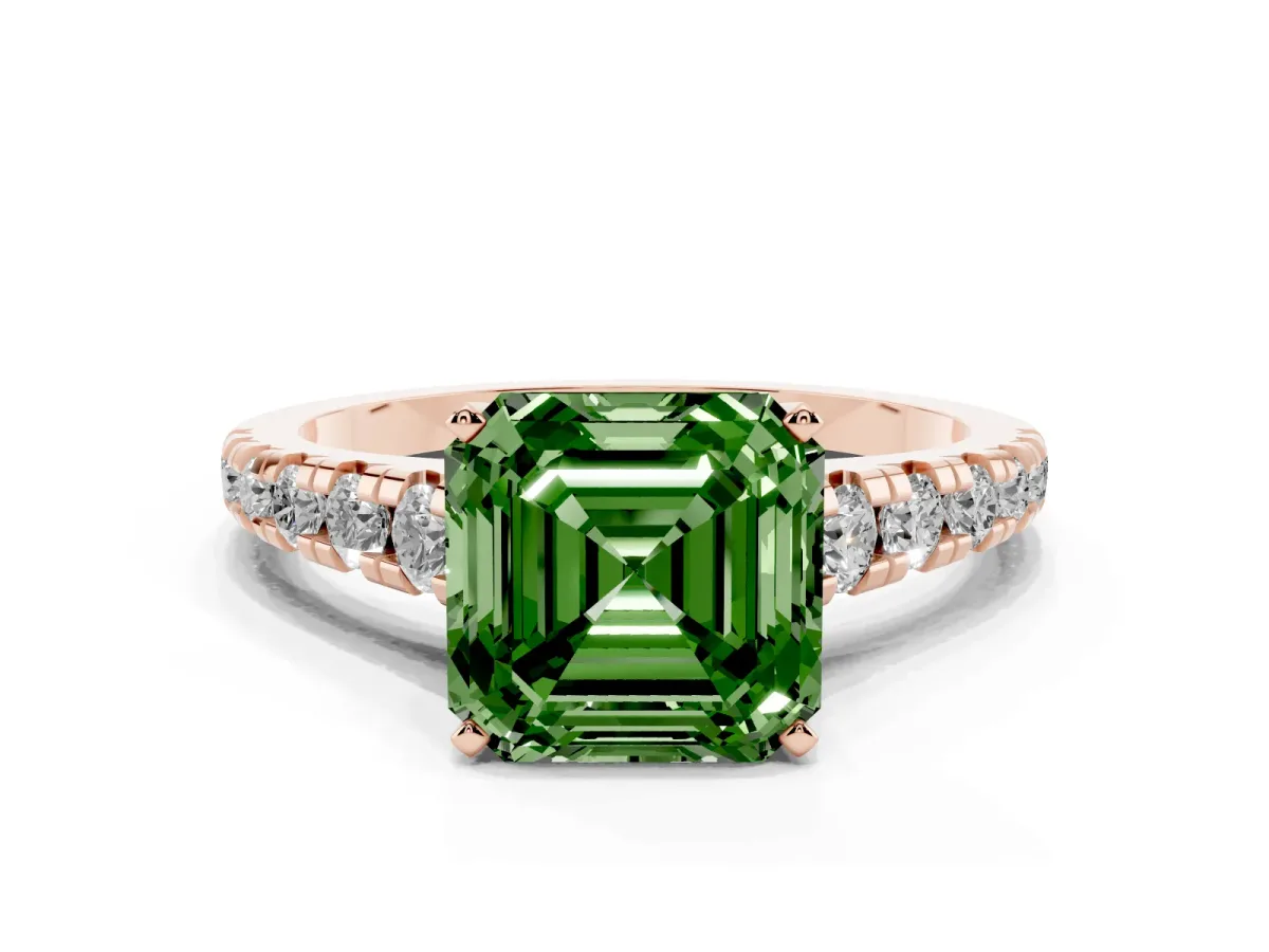 Fancy Green Asscher Cut Diamond Cathedral Solitaire Ring with Round Pavé Band Rose gold