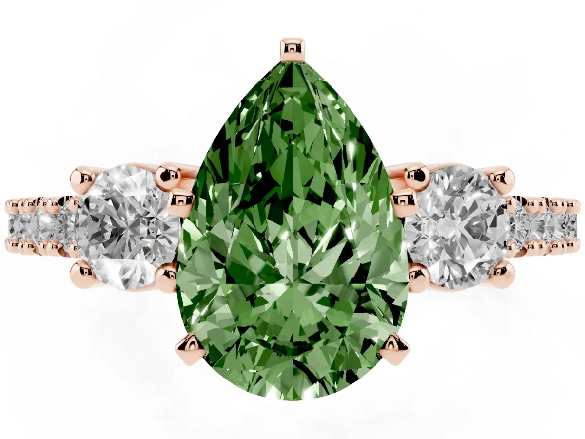 Fancy Green Pear Cut Three-Stone Diamond Pavé Band with Prong Setting Rose gold