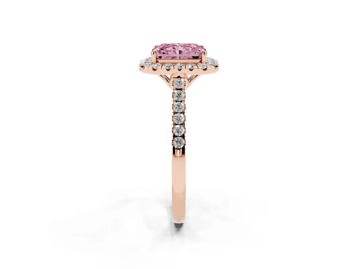 Fancy Pink Radiant Cut Halo Pavé Diamond Engagement Ring with Four-Prong Setting Rose gold