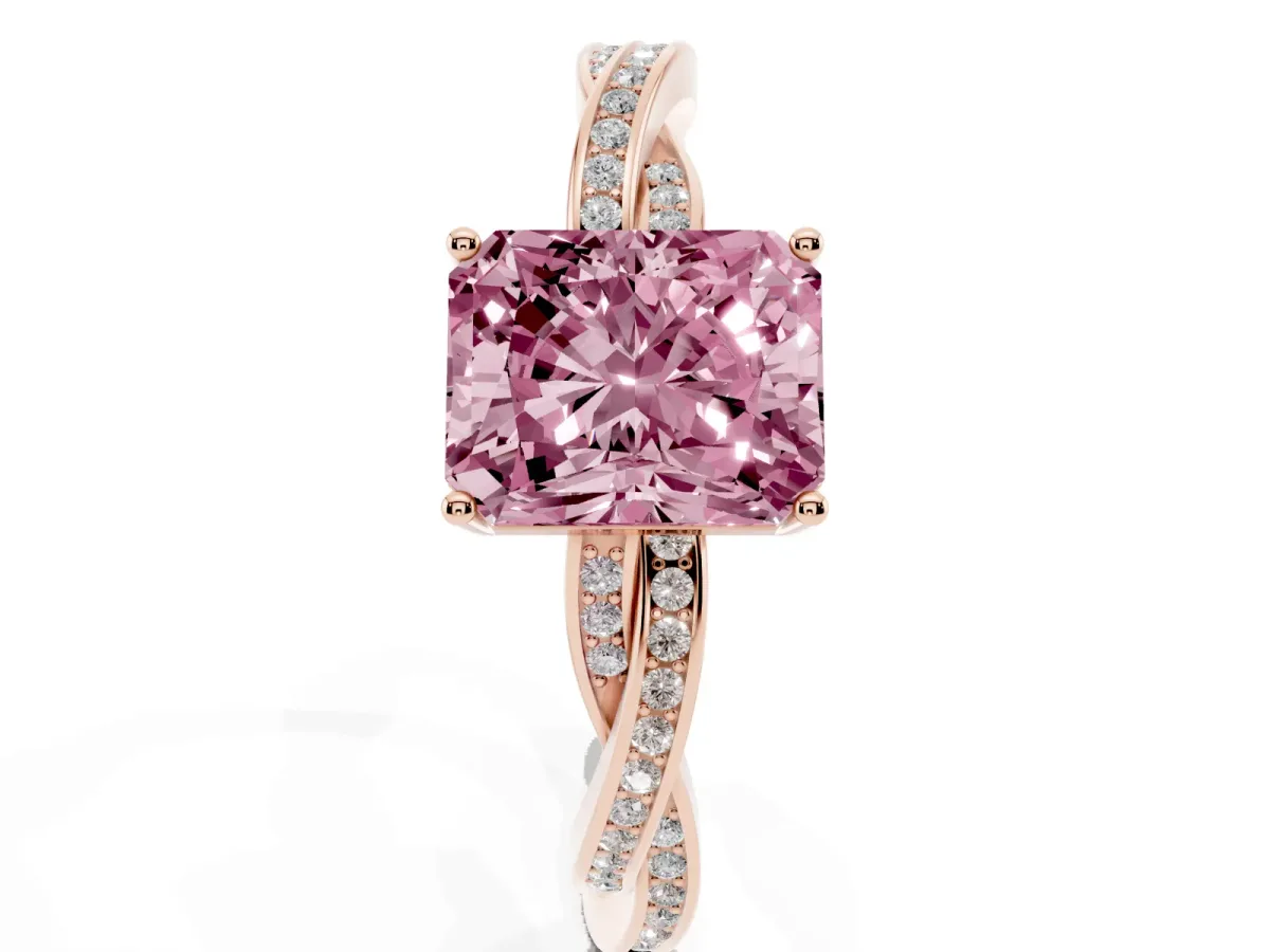 Fancy Pink Radiant Cut Solitaire Twisted Pave Diamond Ring with Four-Prong Setting Rose gold
