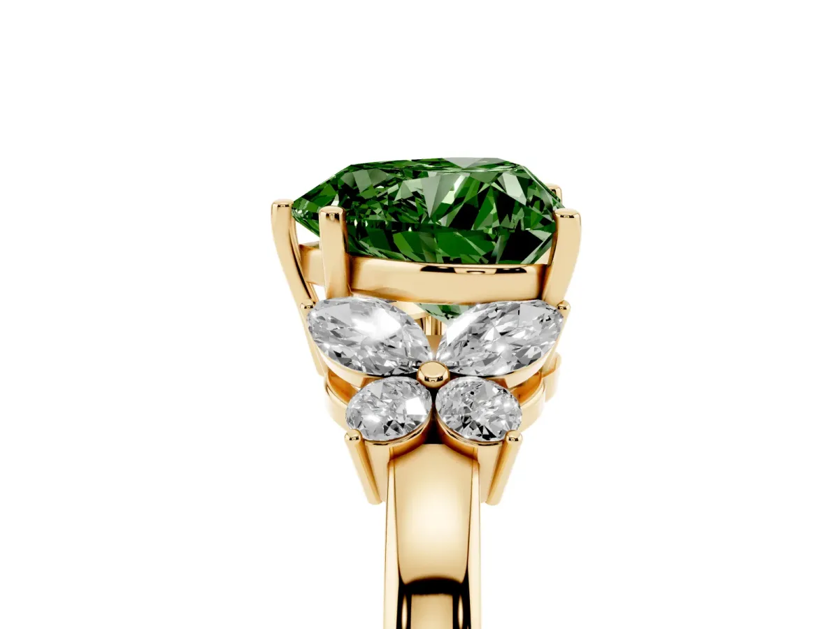 Fancy Green Heart Cut Cut Solitaire Floral Diamond Ring with Four-Prong Setting Yellow gold