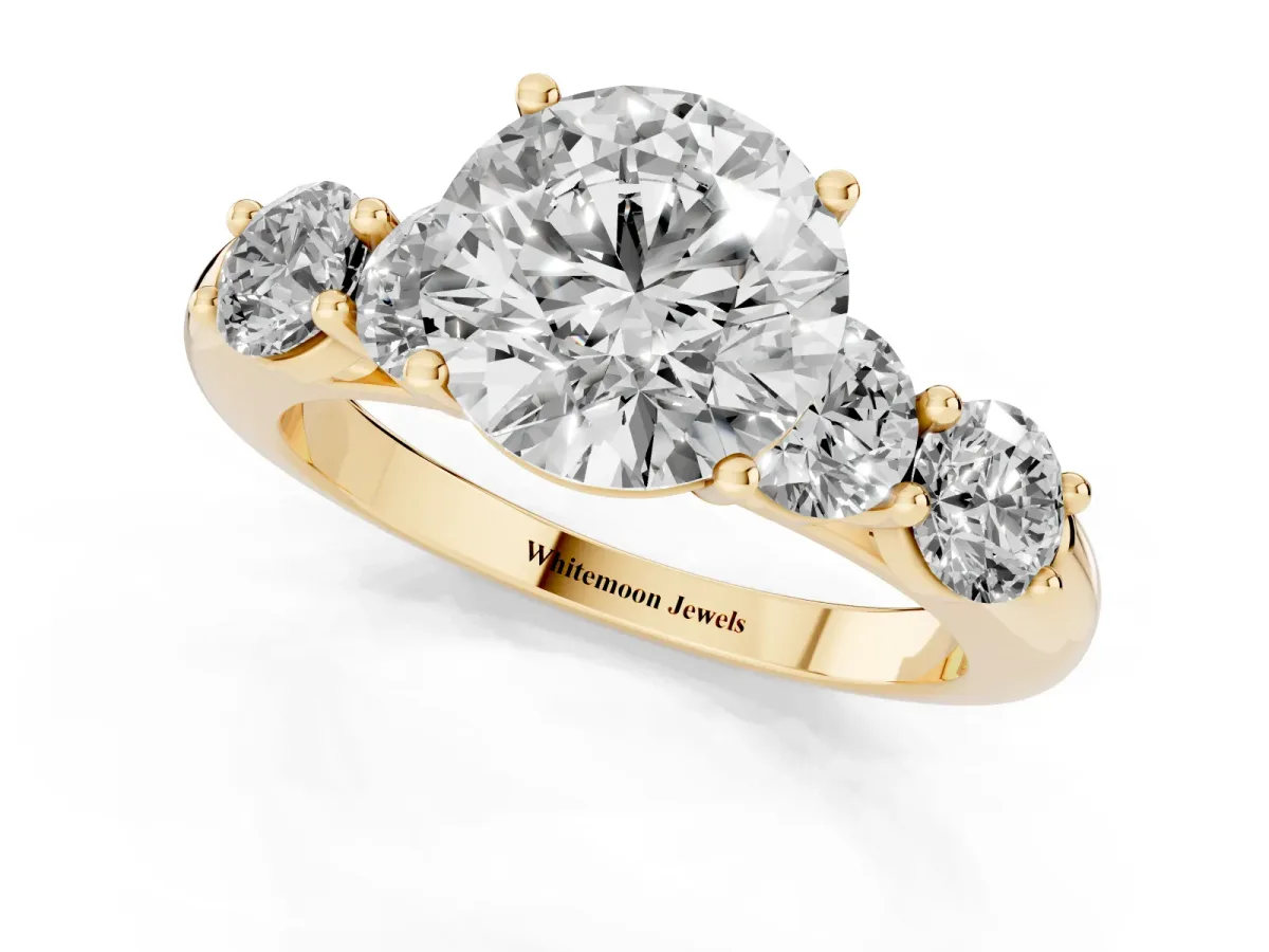 Round Cut Cut Five-Stone Prong Set Diamond Ring with Classic Band Yellow gold