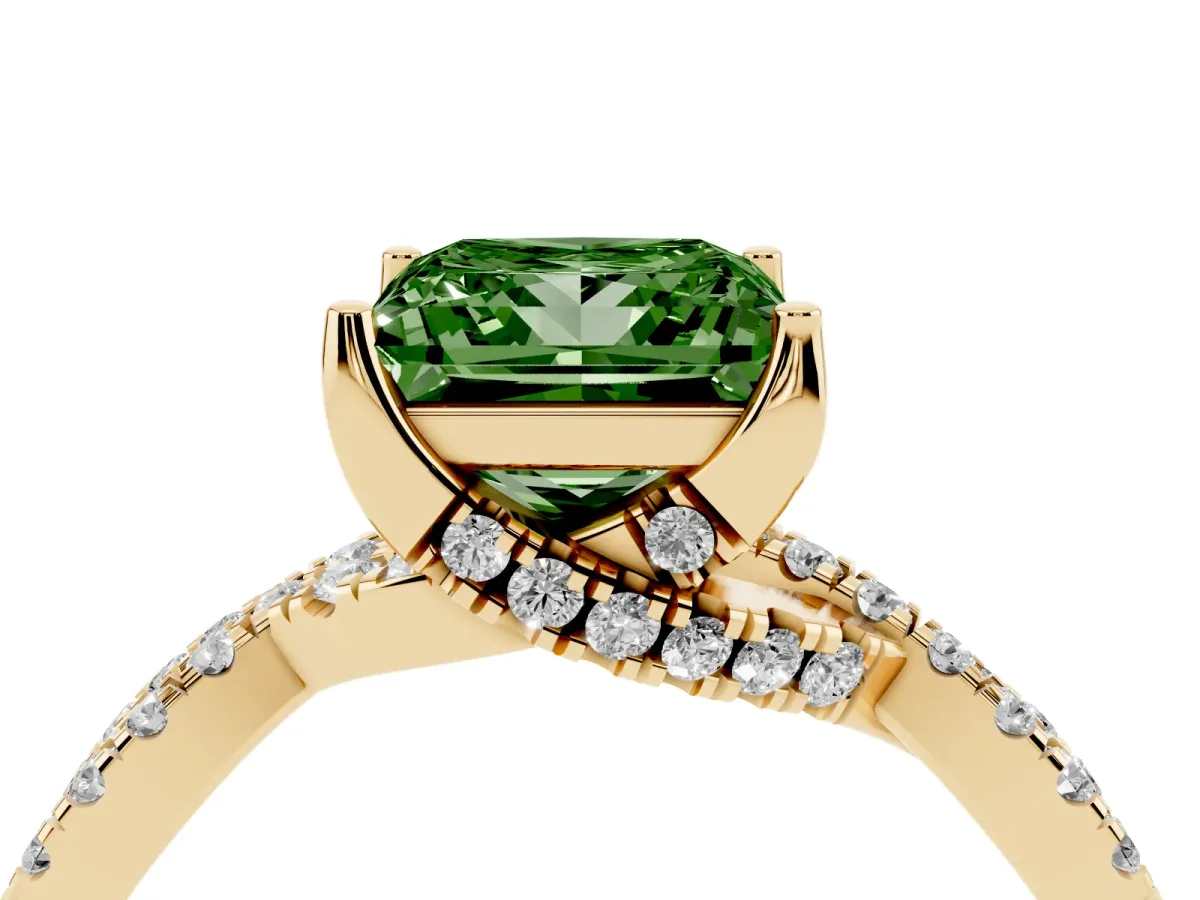 Fancy Green Princess Cut Solitaire Twist Pave Diamond Engagement Ring with Prong Setting Yellow gold