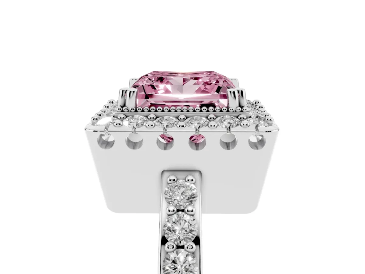 Fancy Pink Princess Cut Diamond Halo Ring with Pavé Band and Prong Setting Silver