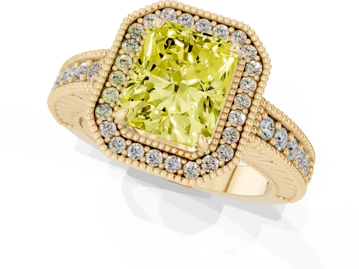 Fancy Yellow Radiant Cut Cut Halo Diamond Ring with Pavé Band and Four-Prong Setting Yellow gold