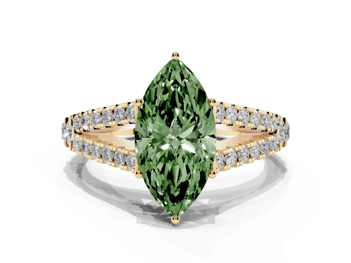 Fancy Green Marquise Cut Diamond Split Shank Engagement Ring with Round Pavé and Prong Setting Yellow gold