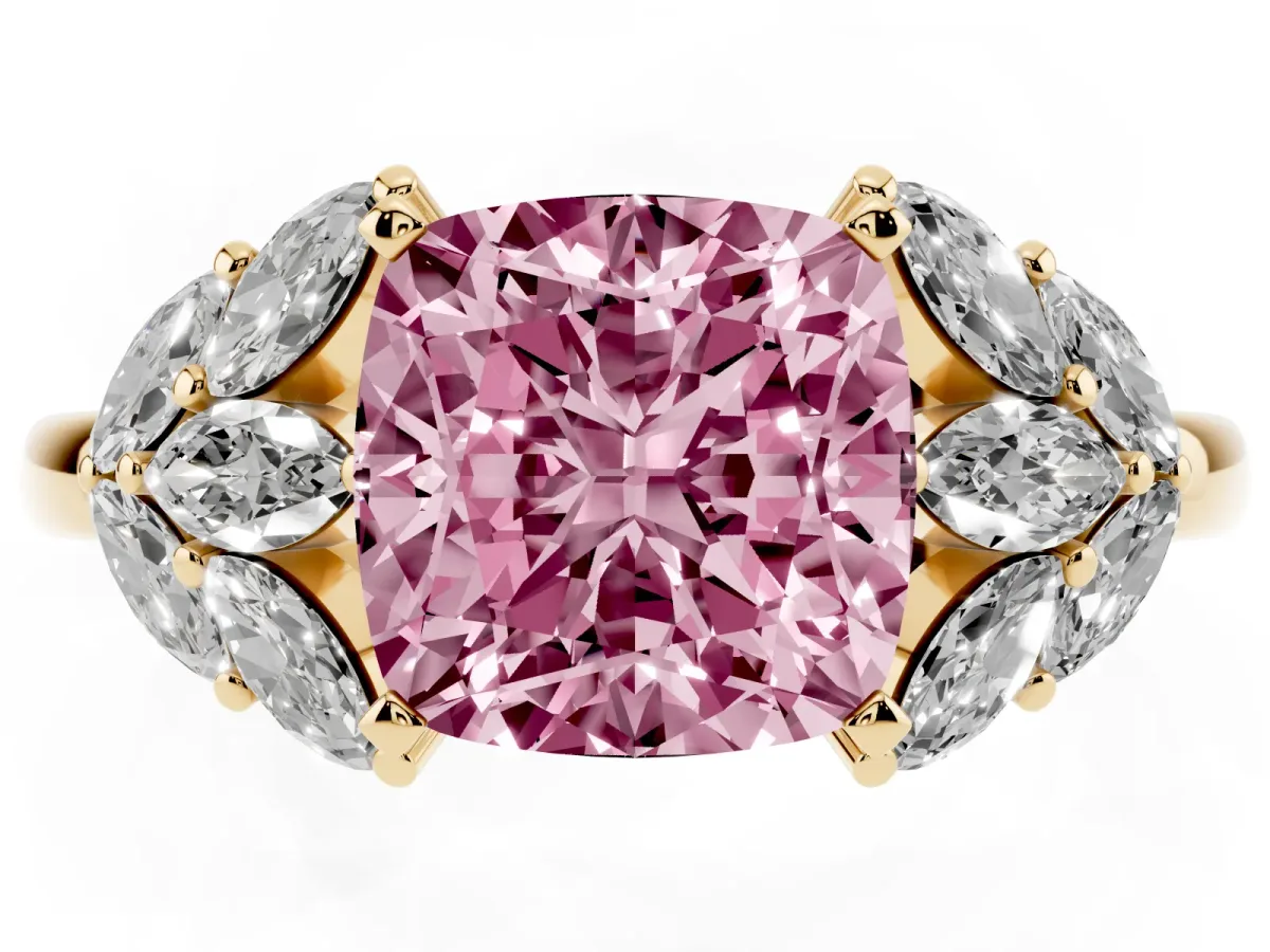 Fancy Pink Cushion Cut Diamond Cluster Leaf Design Ring with Prong Setting Yellow gold