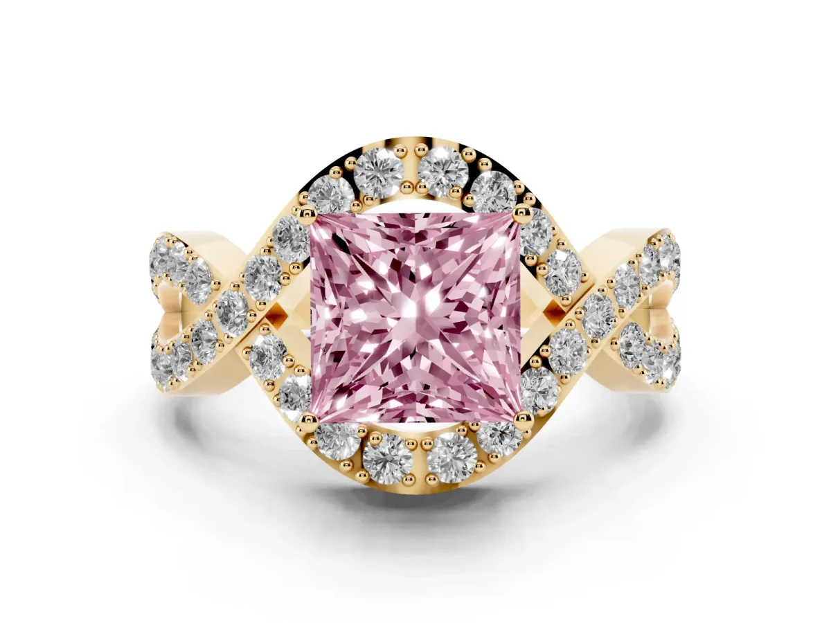 Fancy Pink Princess Cut Solitaire Twist Band Pavé Diamond Engagement Ring Yellow gold