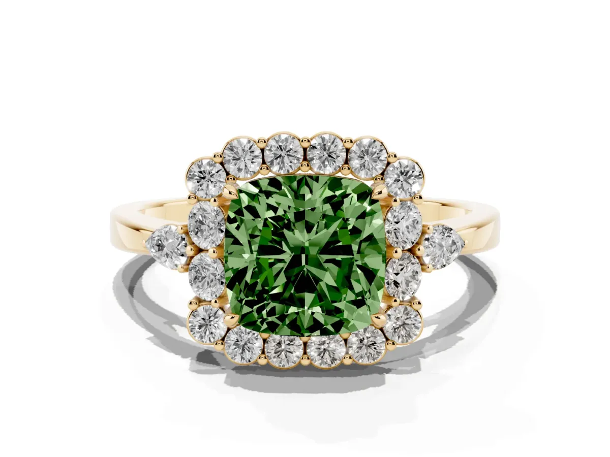 Fancy Green Cushion Cut Diamond Halo Ring with Pear Side Stones and Prong Setting Yellow gold
