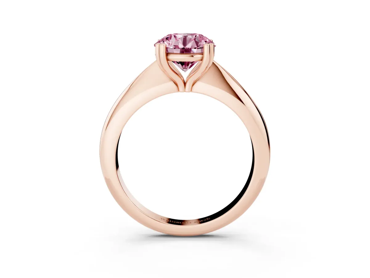 Fancy Pink Round Cut Cut Solitaire Engagement Ring with Tapered Band and Four-Prong Setting Rose gold