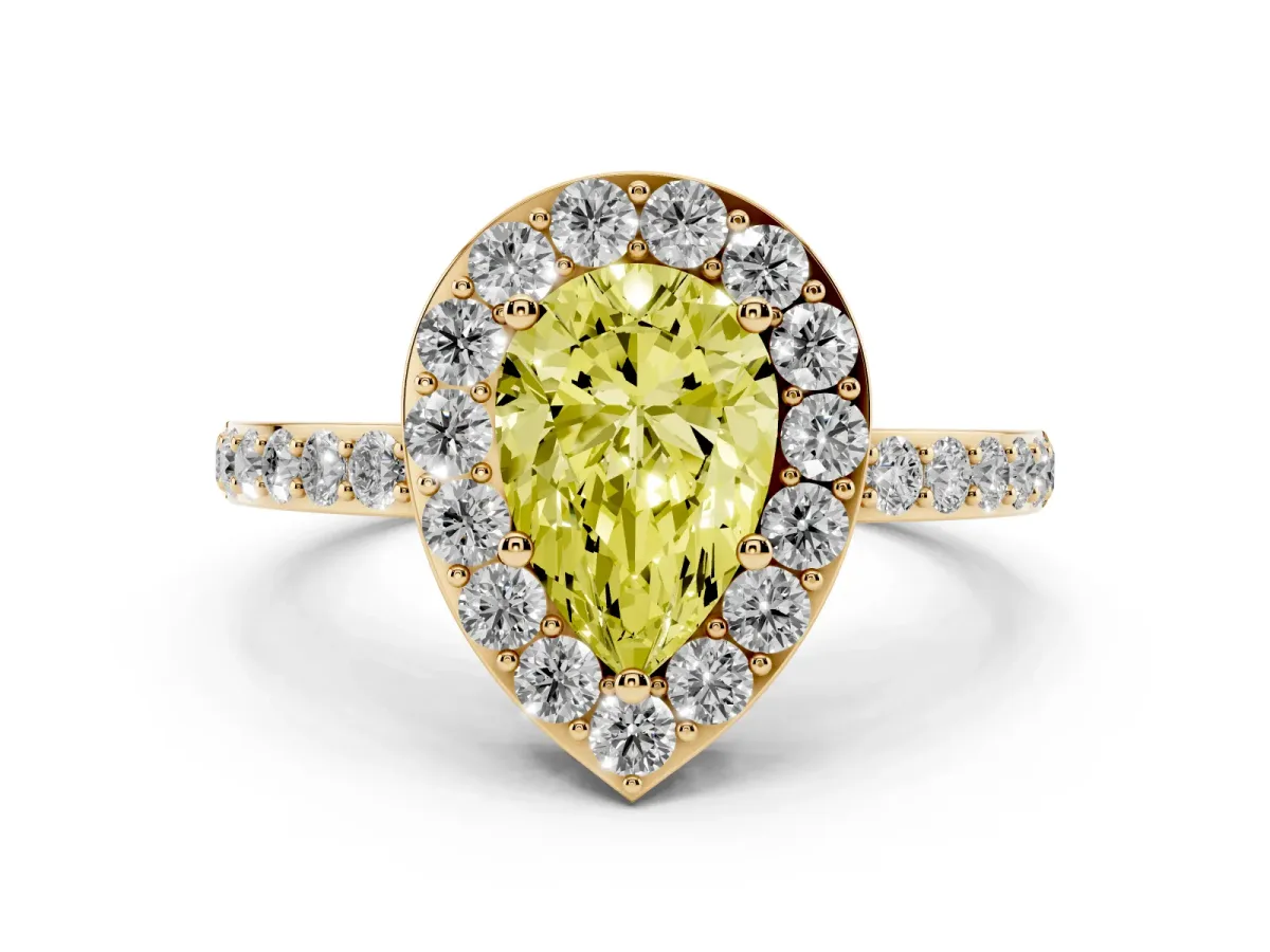 Fancy Yellow Pear Cut Halo Diamond Pavé Band Ring with Prong Setting Yellow gold