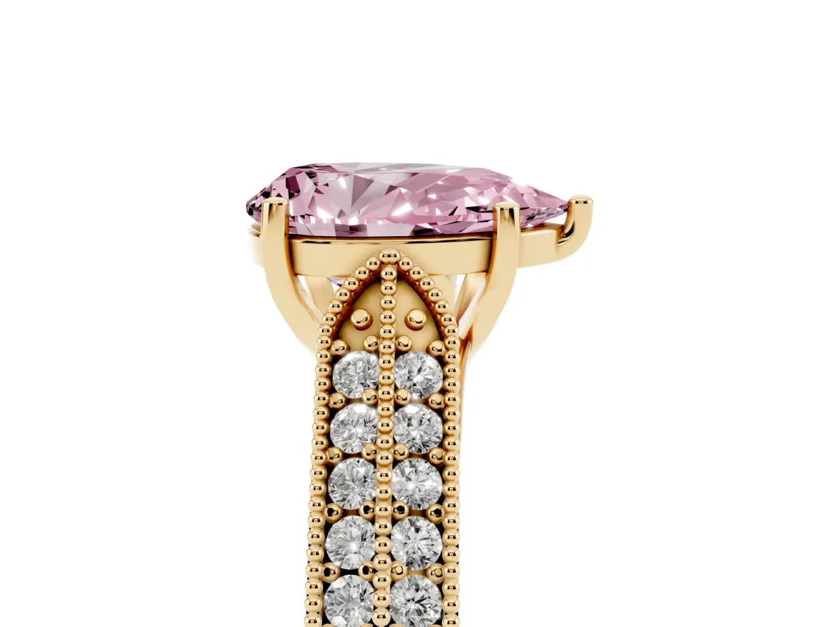 Fancy Pink Pear Cut Cut Pave Split Shank Engagement Ring with Four-Prong Setting Yellow gold