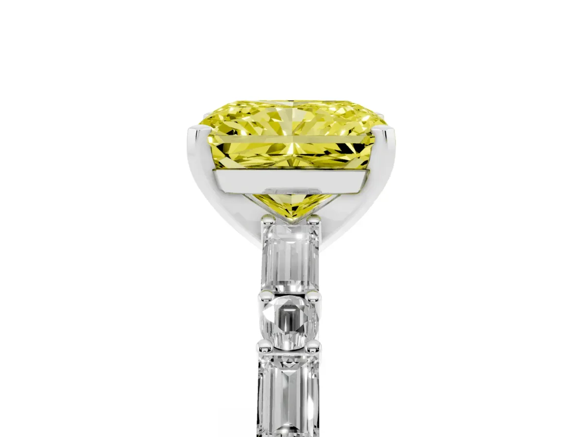 Fancy Yellow Radiant Cut Diamond Solitaire with Side Baguettes and Channel Set Band Platinum