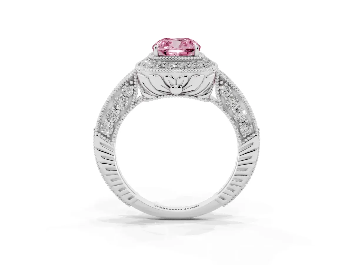 Fancy Pink Cushion Cut Halo Diamond Split Shank Ring with Milgrain Detail White gold