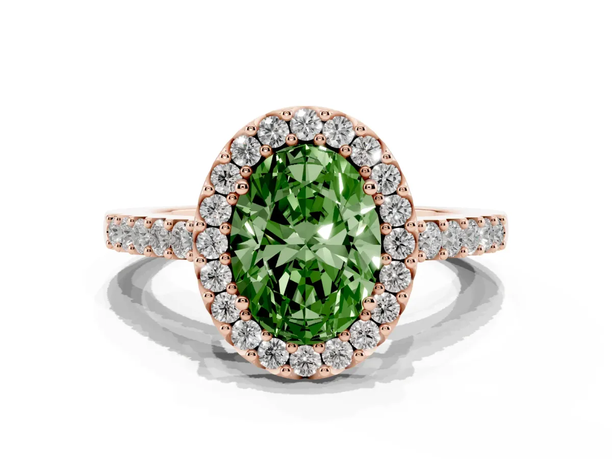 Fancy Green Oval Cut Halo Diamond Pavé Solitaire Ring Rose gold
