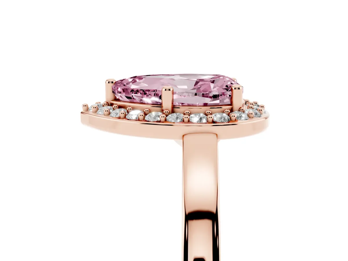 Fancy Pink Pear Cut Halo Diamond Ring with Solitaire Band and Prong Setting Rose gold