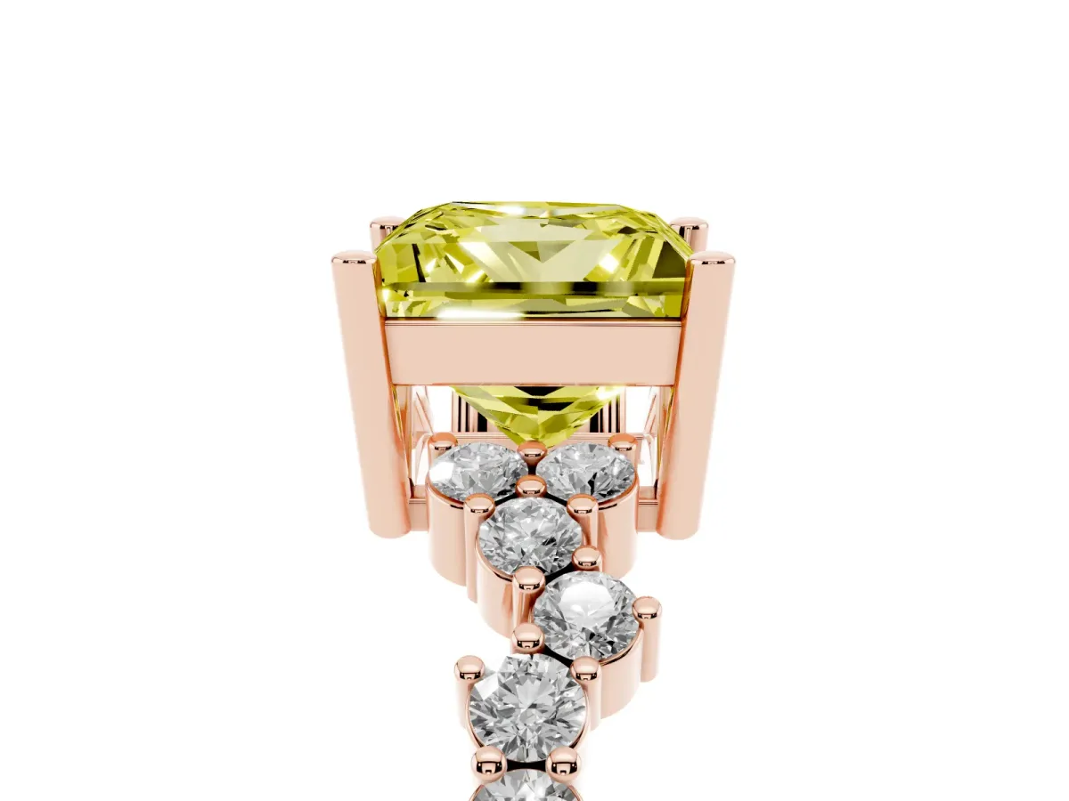 Fancy Yellow Princess Cut Diamond Scattered Round Accent Ring with Prong Setting Rose gold
