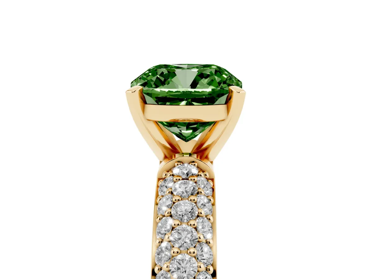 Fancy Green Cushion Cut Diamond Solitaire Ring with Prong Setting and Pavé Band Yellow gold