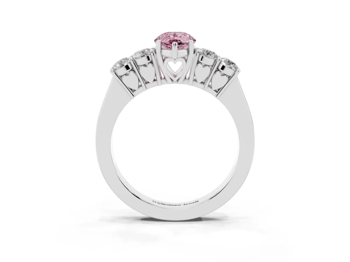 Fancy Pink Pear Cut Cut Diamond Five-Stone Prong Set White Gold Ring Silver