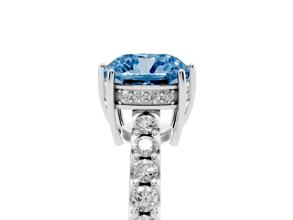 Fancy Blue Cushion Cut Solitaire Diamond Engagement Ring with Pavé Band and Six-Prong Setting Platinum